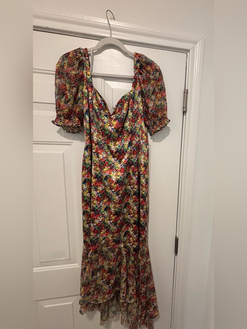 NWT Marchesa Notte Floral Puff-Sleeve High-Low Chiffon Dress Size 12